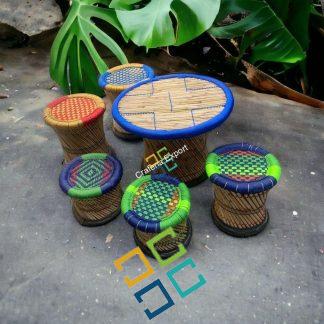 Bamboo Mudda Cane Sitting Stool with Table Outdoor Furniture set for Balcony Garden set of 6