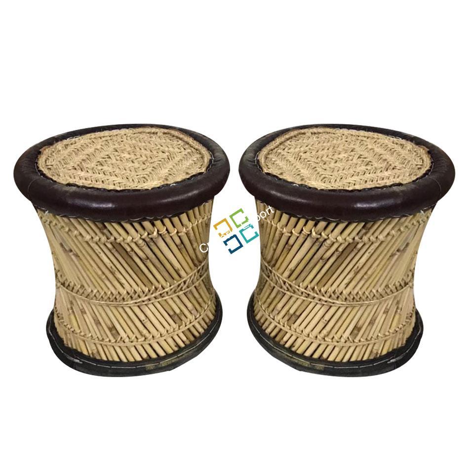 Natural Handmade Bamboo Mudha Stool Pair For Indoor/Outdoor(Set Of 2) (Xl Size)