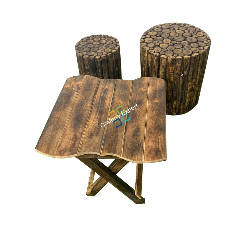 Solid Wood Square Coffee Table With 2 Log Stool (Set of 3) | Garden Furniture For Any living Space