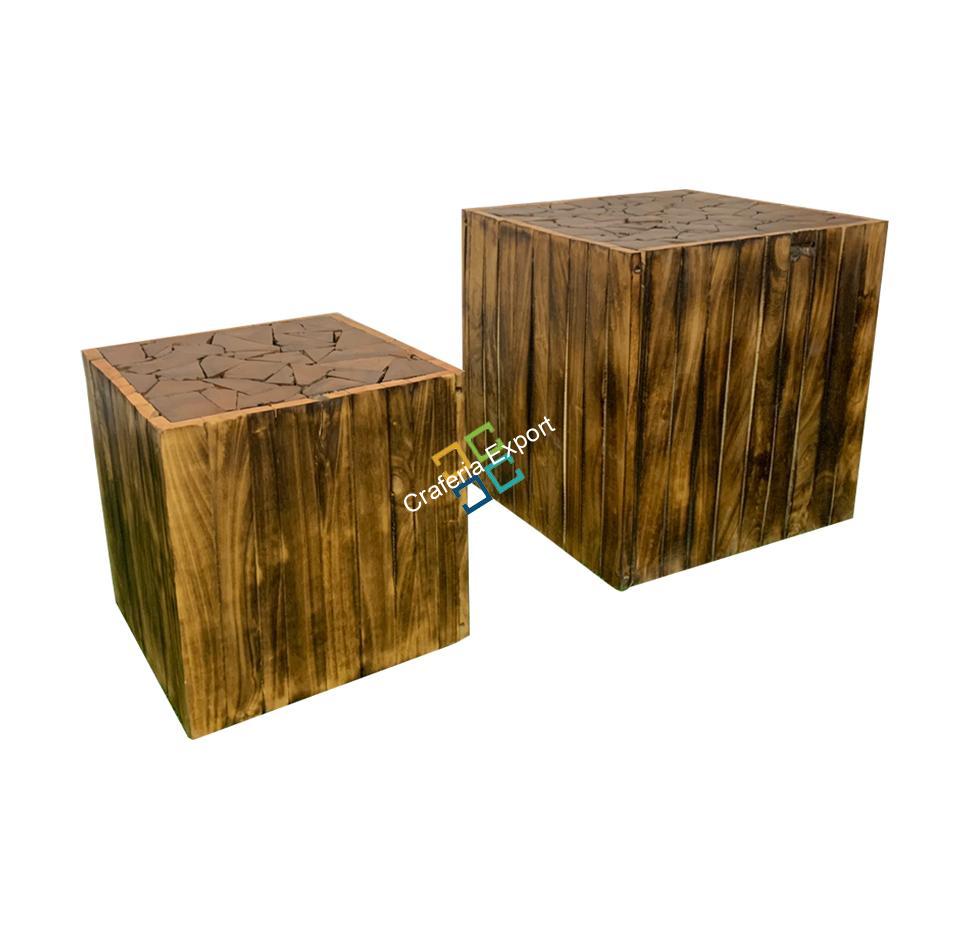 Square Wooden Handcrafted Stool Table Natural Wood Logs Smooth Finish Bedside Corner Coffee Tea-Table set of 2