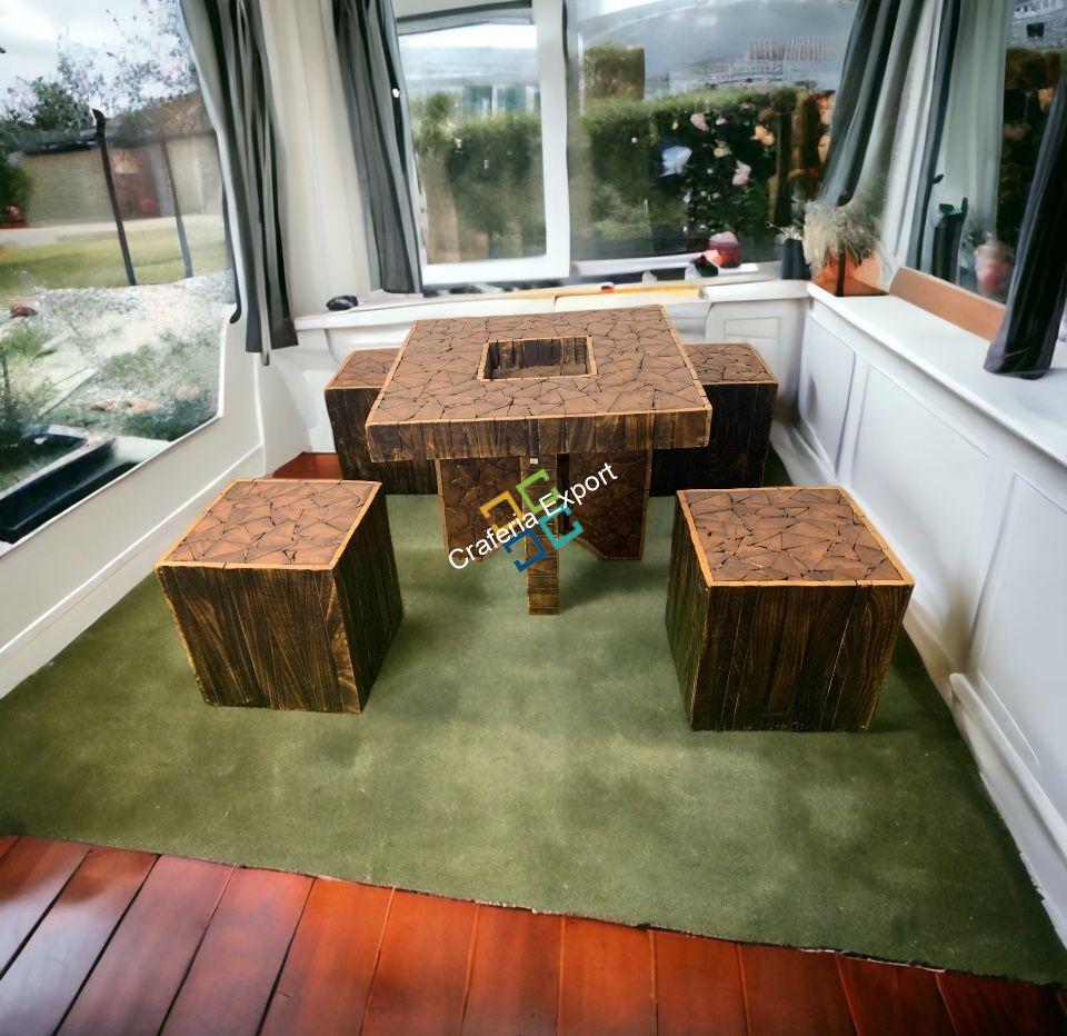 Wooden log square coffee table stools with center table for living room and garden set of 5