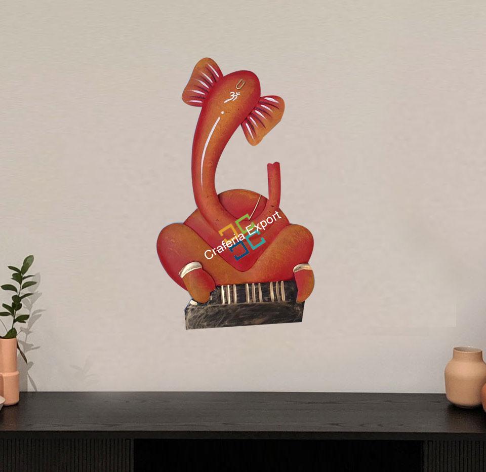 Antique Orange Ganesha palying Harmonium Wall Decor Showpiece for Home /Gifts Items