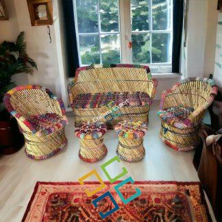 Handmade Mudha Furniture Set Of 5 Bamboo 3 Seater Sofa Set Two Chairs And Two Stools Living Room Furniture Set