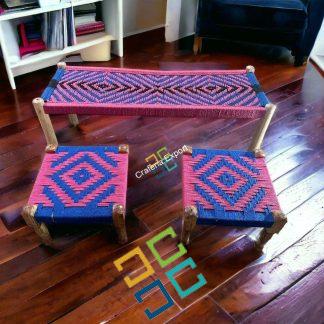 Wooden Charpai Bench & Pidha/Chowki Pink & Blue (Set of 2 Pidha)