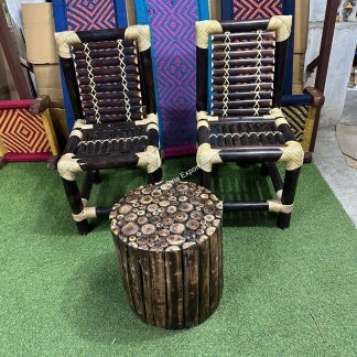 Traditional Style Bamboo Chairs With Wooden Round Shaped Coffee Table Stool