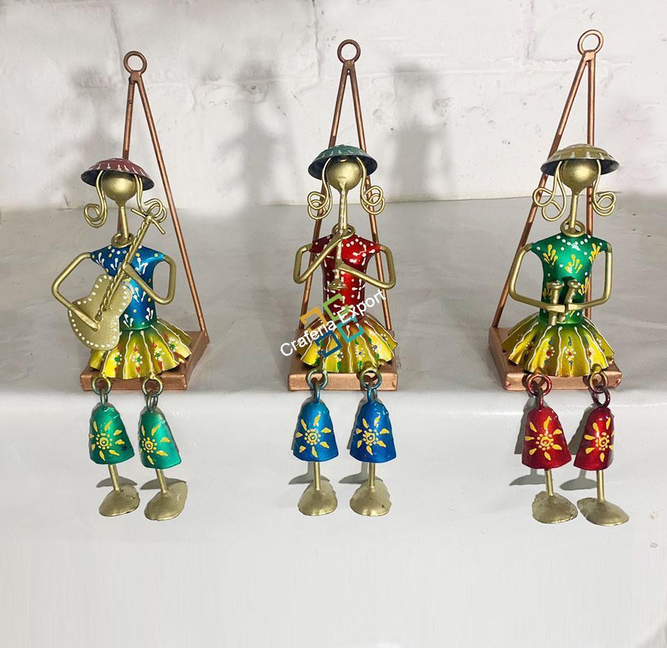 Metal Handmade Musician Lady Showpiece (Set of 3) Wall Hanging | Decorative Wall Art Ascents | Gifts Rajasthani Tribal Designs