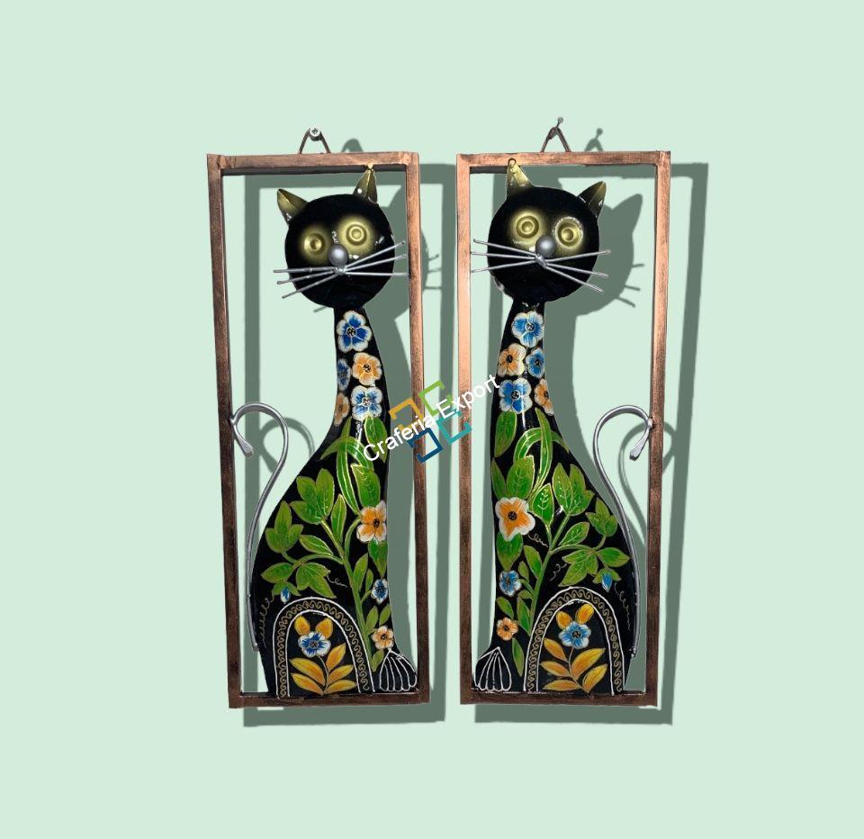 Cat Metal Wall Hanging Handmade Frame Panels (Set of 2) | Wall Decoration Hand painted Art For Living Rooms ,Hotels ,Office Decorations