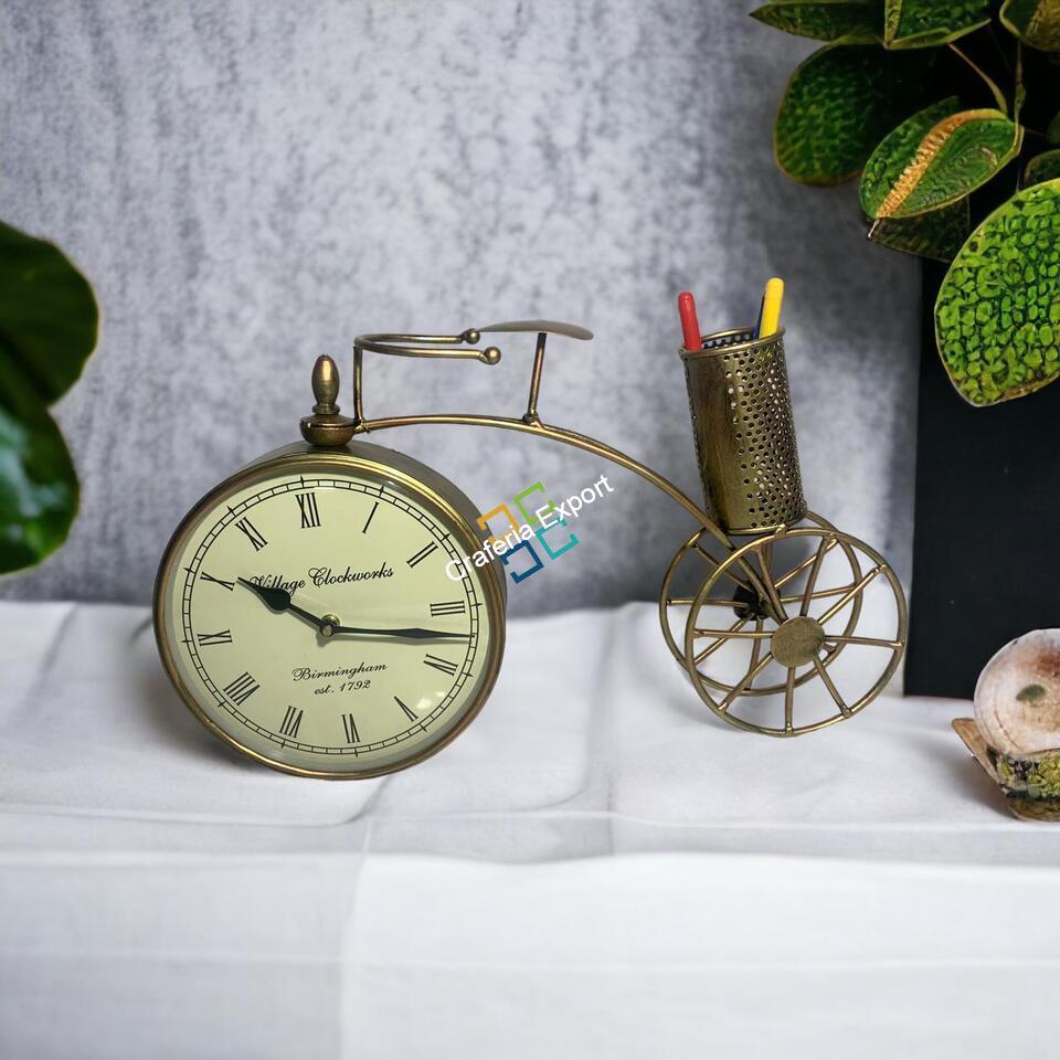 Elegant cycle shaped Desk Organizer With Clock for Table Top Decor/Metal Cycle pen stand