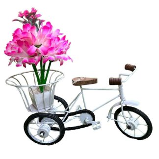 Home Decor Item Wooden Wrought Iron Cycle Rickshaw Toy For Kids Flower Basket Holder
