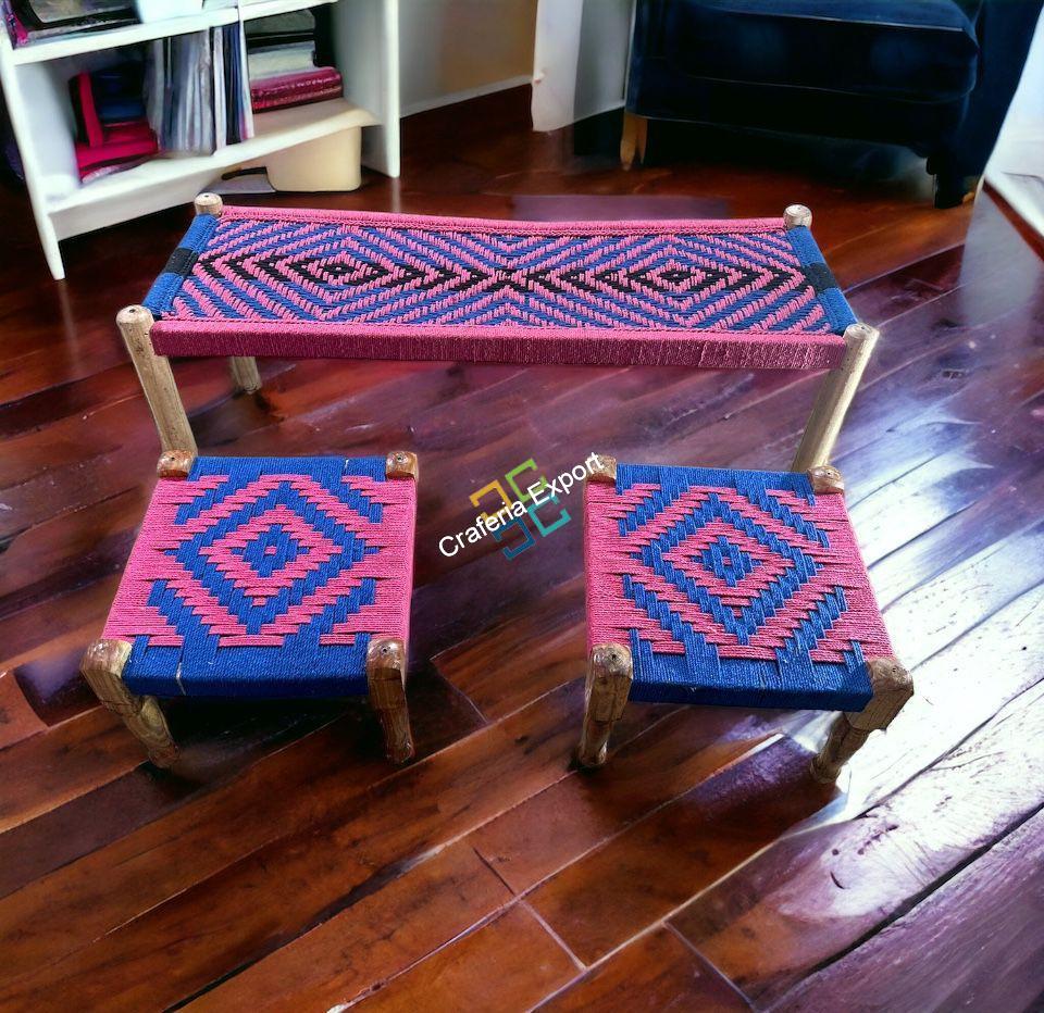 Wooden Charpai Bench & Pidha/Chowki Pink & Blue (Set of 2 Pidha)