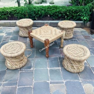 Handmade Bamboo Mudda Stools With Wooden Square Shaped Pidha furniture set for Indoor Outdoor