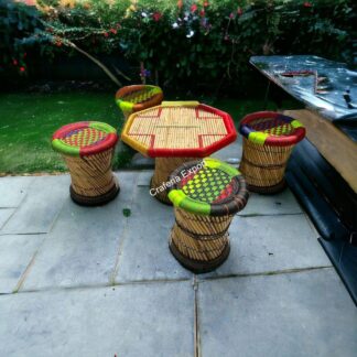 Bamboo Cane Mudda Stools with Table | Furniture set for outdoor/cafe /restaurants