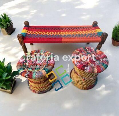 Wooden Bench with 2 bamboo Stools | 2 Seater Maachi Bench Set for indoor outdoor - Image 2