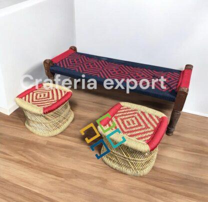 Wooden Bench 2 Seater with Pidha Stool Set | Khatiya Khaat with Stool indoor outdoor - Image 2