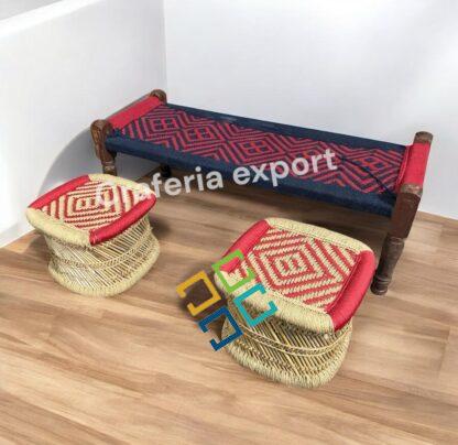 Wooden Bench 2 Seater with Pidha Stool Set | Khatiya Khaat with Stool indoor outdoor - Image 3