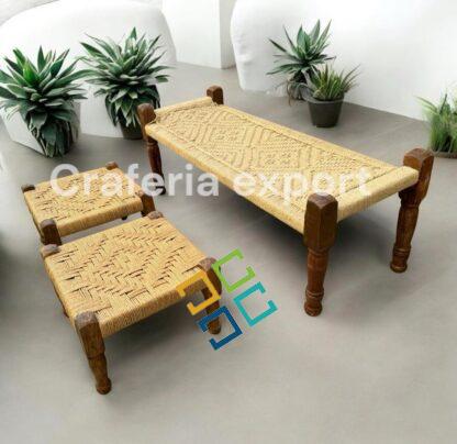 Natural  2 seater bench with pidha set of 2 for balcony /living room/cafe/restaurant