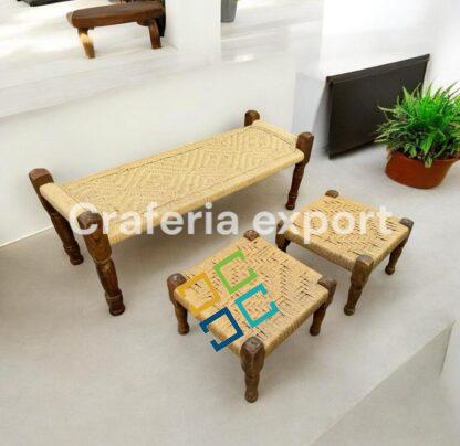 Natural  2 seater bench with pidha set of 2 for balcony /living room/cafe/restaurant - Image 2