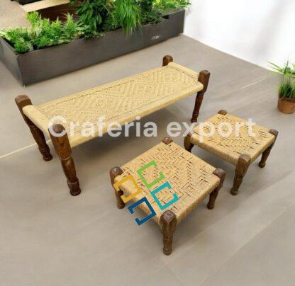 Natural  2 seater bench with pidha set of 2 for balcony /living room/cafe/restaurant - Image 3