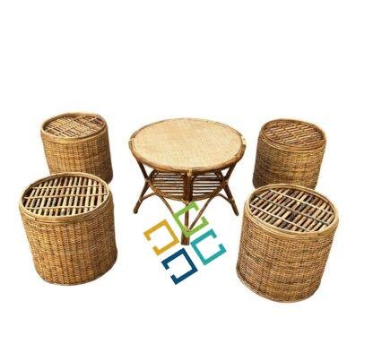 Bunai Cane Coffee Table Stools for Indoor Outdoor | Bar Stools with Table Set for Balcony / Garden / Home - Image 2