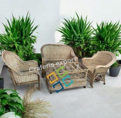 Cane 2 Seater Sofa Set with Half Bunai | Handcrafted Rattan Sofa with Chairs Table Set for living room, balconies , and studios