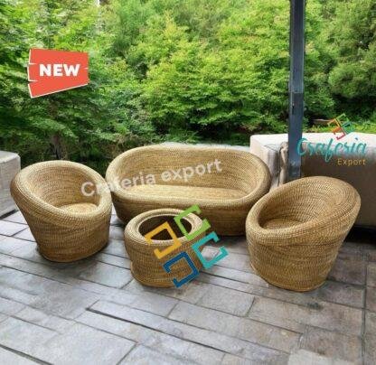 Designer Cane Apple Three seater Sofa with Chair table set | Bamboo Rattan Apple five Seater Sofa chair table furniture set | Cane Buani 3 seater sofa chairs table set for garden, living room, cafe bar hotel