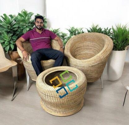 Bamboo Cane Apple Sofa Chairs table Set | Cane Bunai Apple Chairs with Coffee table set | Rattan Chairs set for lawn , Baclony , Garden , Cafe , Hotels indoor outdoor ( Set of 3) - Image 4