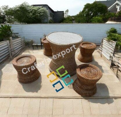 Cane Bamboo Coffee table stools set for Indoor Outdoor / Bunai Stools with Round Tall Table Set Furniture for Restaurant Cafe Hotel Use ( set of 5) - Image 6