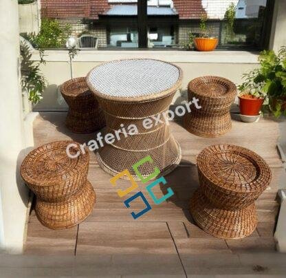 Cane Bamboo Coffee table stools set for Indoor Outdoor / Bunai Stools with Round Tall Table Set Furniture for Restaurant Cafe Hotel Use ( set of 5)