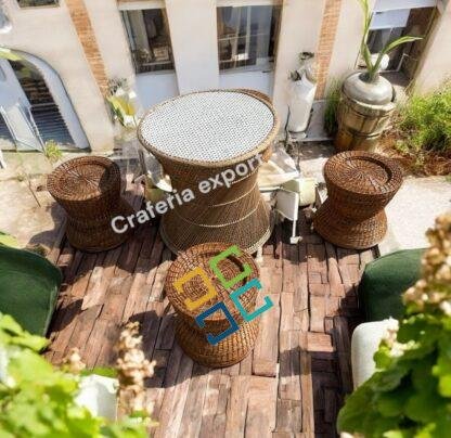 Cane Bamboo Coffee table stools set for Indoor Outdoor / Bunai Stools with Round Tall Table Set Furniture for Restaurant Cafe Hotel Use ( set of 5) - Image 3