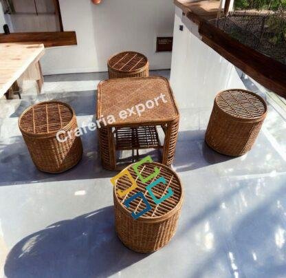 Bamboo Cane Round Stool / Bunai Sitting stools with table for Balcony / Garden / Coffee Table Set Furniture / Ourdoor Furniture for Restaurant Cafe Hotel Use (Set of 5) - Image 2