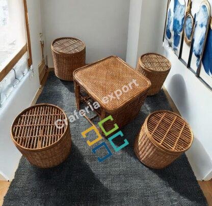 Bamboo Cane Round Stool / Bunai Sitting stools with table for Balcony / Garden / Coffee Table Set Furniture / Ourdoor Furniture for Restaurant Cafe Hotel Use (Set of 5) - Image 4