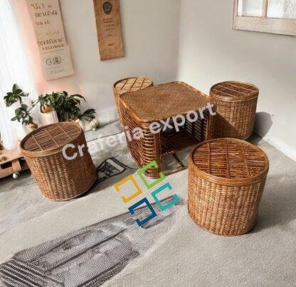 Bamboo Cane Round Stool / Bunai Sitting stools with table for Balcony / Garden / Coffee Table Set Furniture / Ourdoor Furniture for Restaurant Cafe Hotel Use (Set of 5) - Image 5
