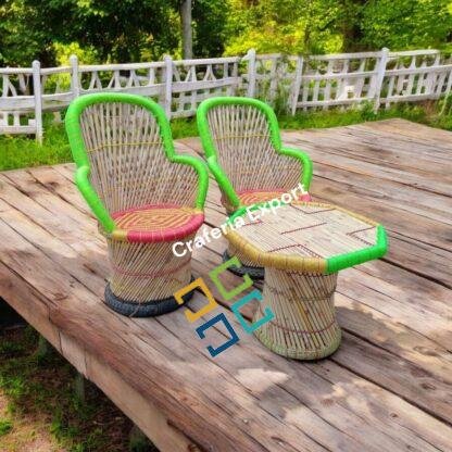 Bamboo Outdoor Sitting Chair Stools Furniture Set/ Bamboo mudha chairs with table for Garden / Terrace / Lawn / Living Room (Large Size -chairs /Medium -table )