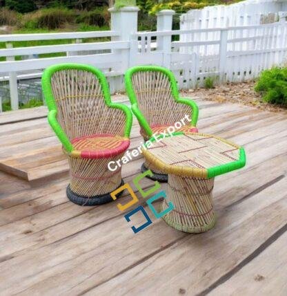 Bamboo Outdoor Sitting Chair Stools Furniture Set/ Bamboo mudha chairs with table for Garden / Terrace / Lawn / Living Room (Large Size -chairs /Medium -table ) - Image 4