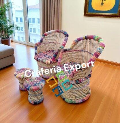 Bamboo Mudda Multicolor Chair Stool / Outdoor Armrest Chairs Mudda Set for Living Room / Restaurants / Hotels/  Events ( 2 XL chair  with Small Mudda)