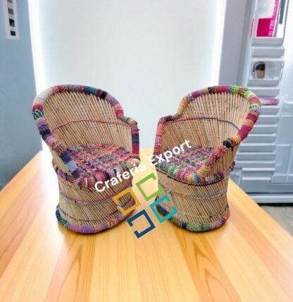 Bamboo Mudda Multicolor Chair Stool / Outdoor Armrest Chairs Mudda Set for Living Room / Restaurants / Hotels/  Events ( 2 XL chair  with Small Mudda) - Image 4