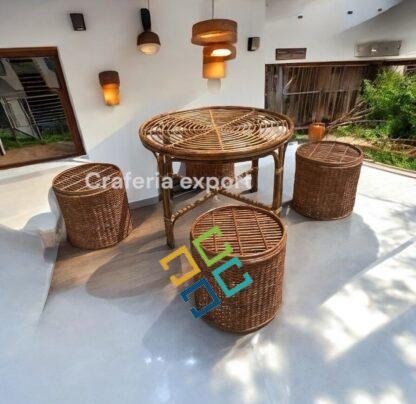 Cane Bamboo Round Bunai Table Set, Coffee Table with Stools Furniture Set for Home, Office, Balcony Sitting /Outdoor Indoor