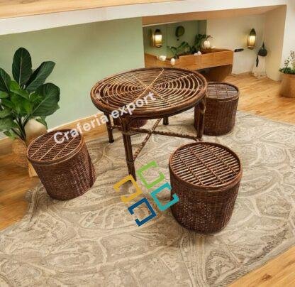 Cane Bamboo Round Bunai Table Set, Coffee Table with Stools Furniture Set for Home, Office, Balcony Sitting /Outdoor Indoor - Image 4