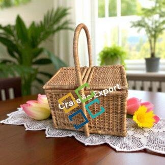 Rattan Wicker Picnic Basket | Cane Handle Storage Basket | Bamboo Closest Basket