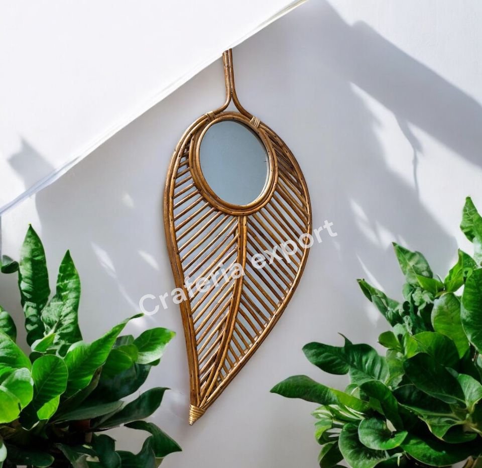 Bamboo Rattan Leaf Shape Wall Mirror With Unique Design Wall Hanging