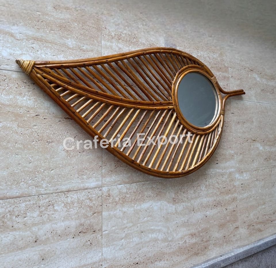 Bamboo Rattan Leaf Shape Wall Mirror With Unique Design Wall Hanging