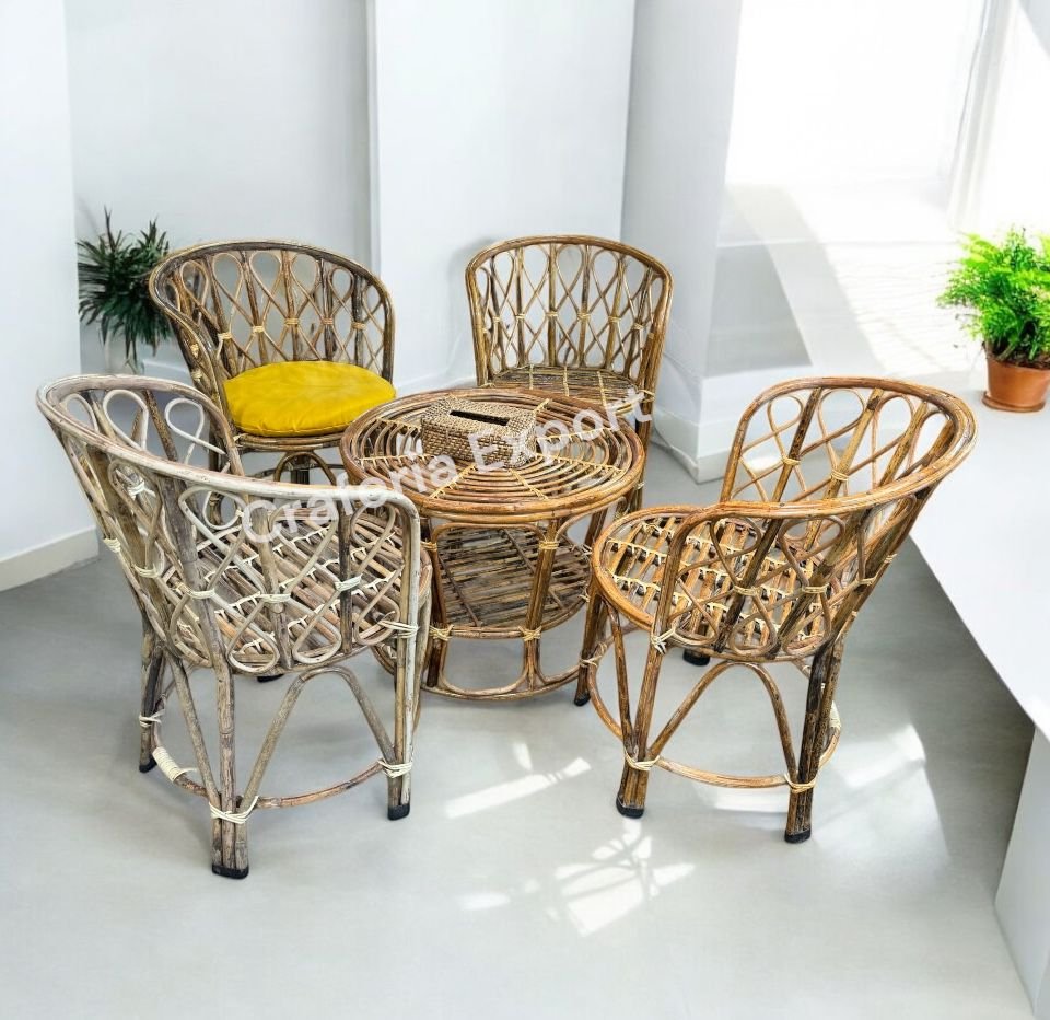 Mudda Bamboo Cane Dining Table Set 4 seater | Outdoor Bait Kursi Set Living Room/ Cafe/Hotel