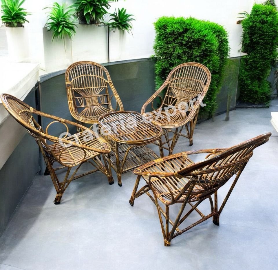 Cane 4 Chair Set with Table | Bamboo Cane Chair furniture Set | Kursi Garden Furniture Set