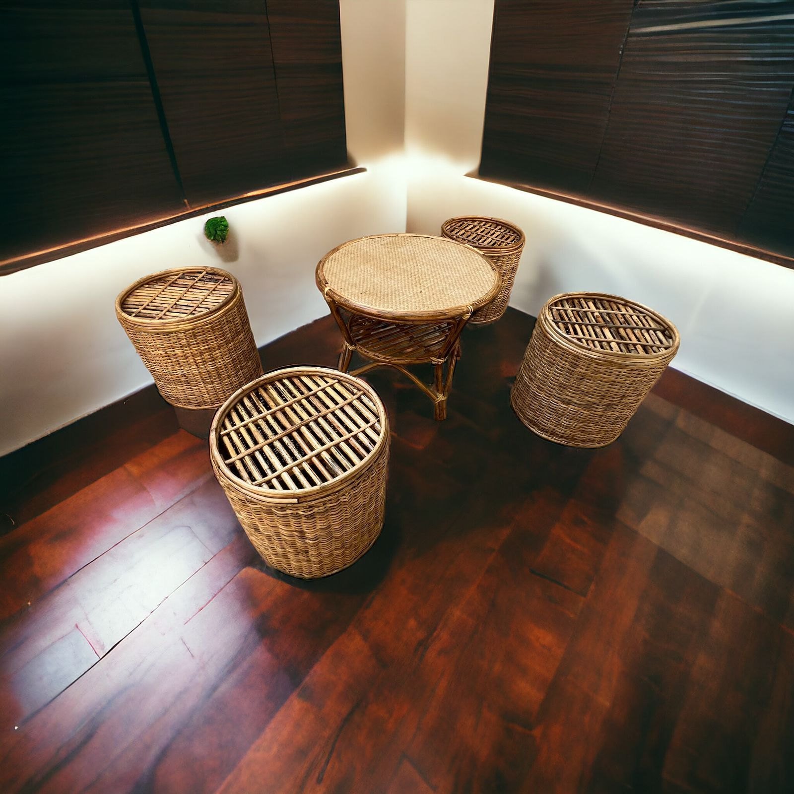 Bunai Cane Coffee Table Stools for Indoor Outdoor | Bar Stools with Table Set for Balcony / Garden / Home