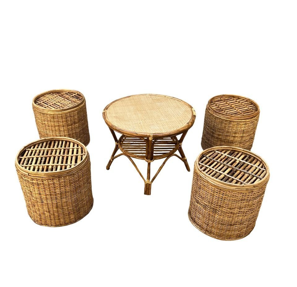 Bunai Cane Coffee Table Stools for Indoor Outdoor | Bar Stools with Table Set for Balcony / Garden / Home