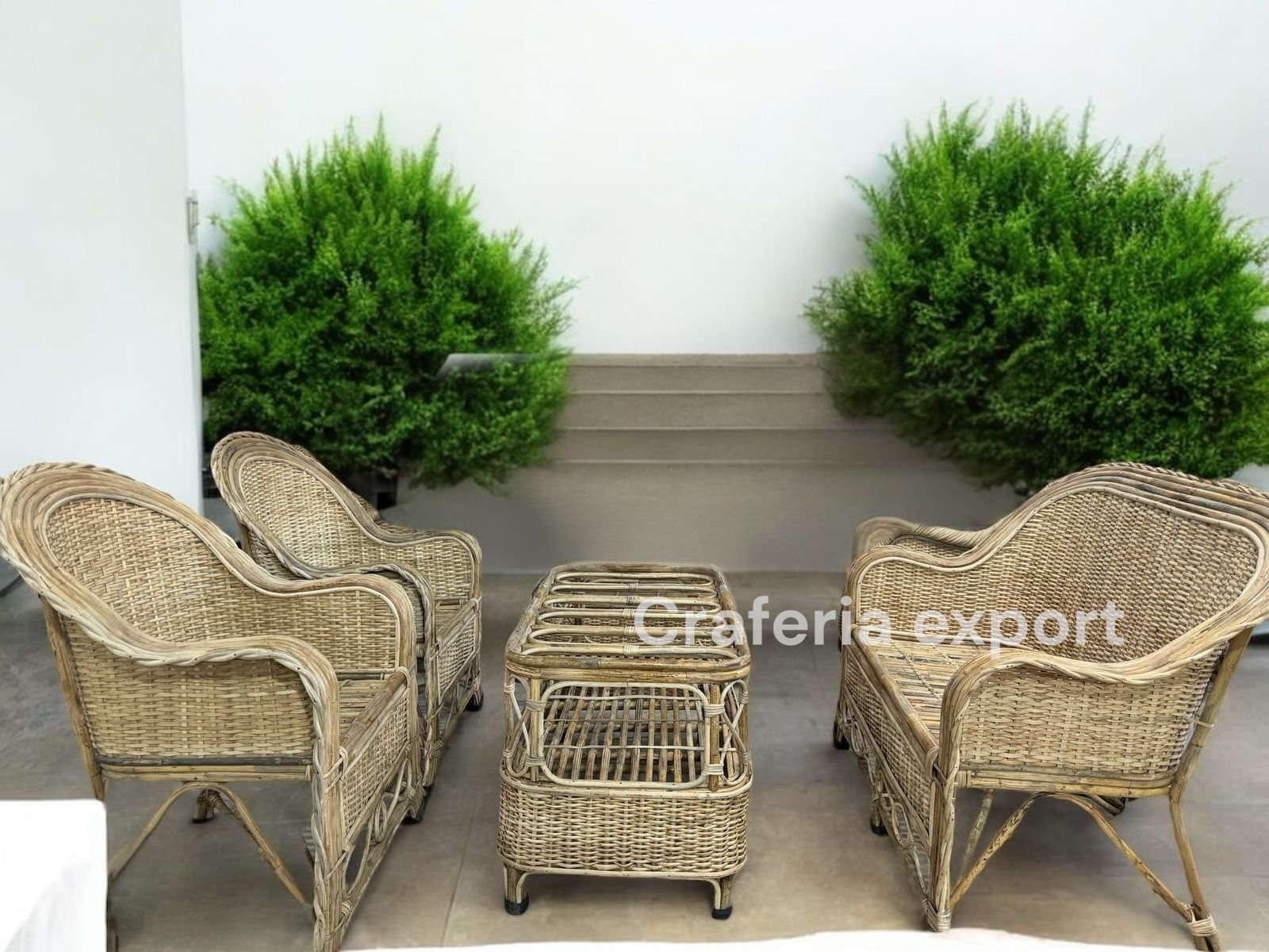 Cane 2 Seater Sofa Set with Half Bunai | Handcrafted Rattan Sofa with Chairs Table Set for living room, balconies , and studios