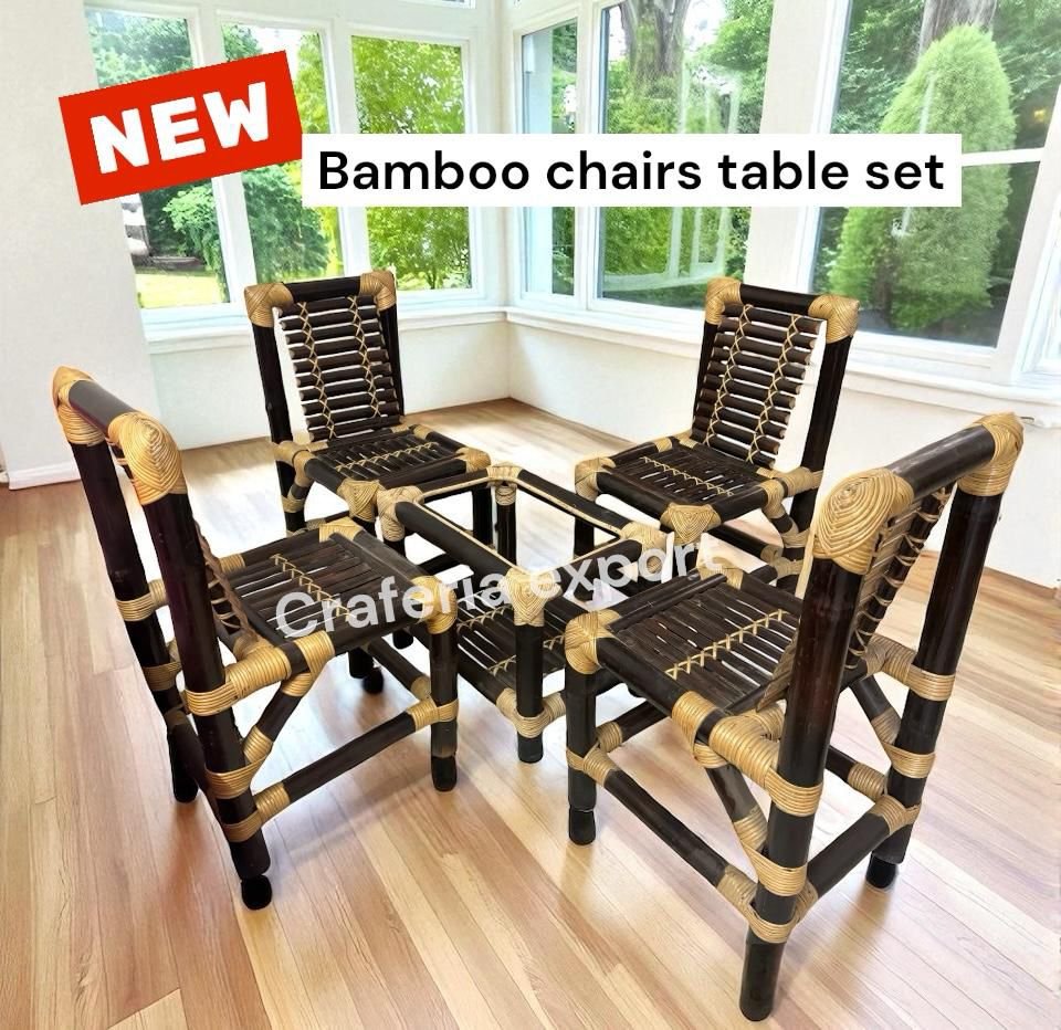 Brown Bamboo Chair Table Set for Restaurant Cafe Hotel /Home - Set of 5 | Dining Chairs Set