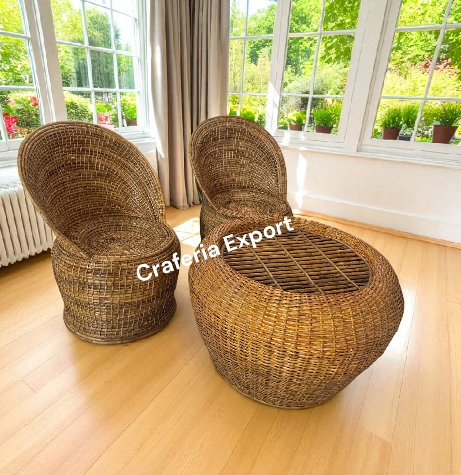 Cane Bunai Chairs Table Set of 3 | Apple Chairs Table for Living Room/Hotel/Cafe