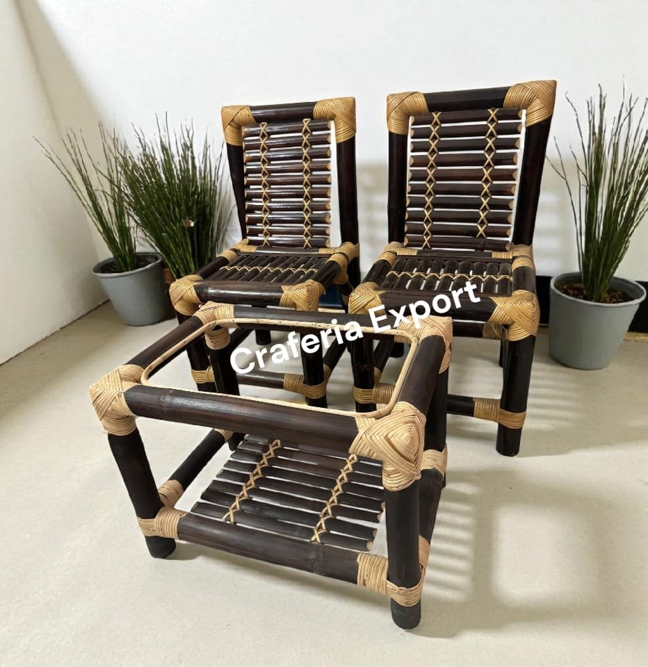 Bamboo Chairs Table Set | Brown Bamboo 2 Chair with Table Set Indoor Outdoor (Set of 3)