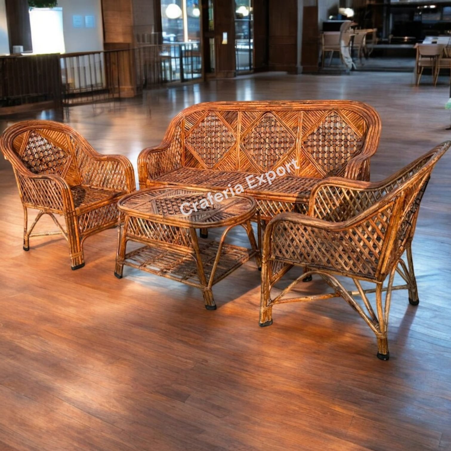 Cane Three Seater Sofa Set with Two Sofa Chairs and Table | Rattan Sofa Set for Indoor /Outdoor